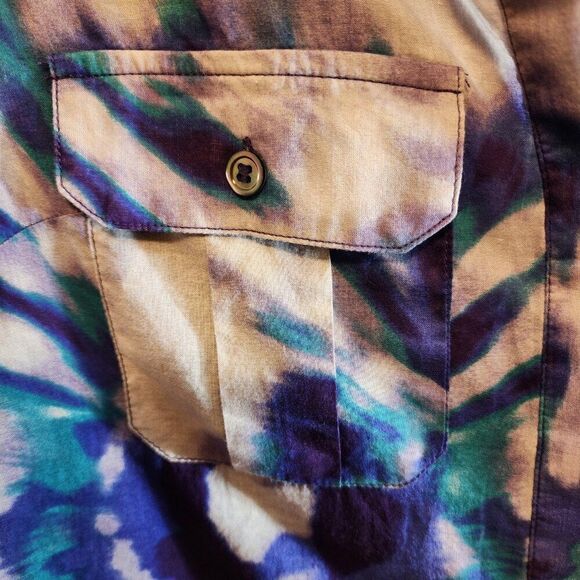 BCBG MAXAZRIA BLUE PURPLE GRAY TIE-DYE SHEER TOP SIZE XS LONG SLEEVE COLORFUL - Picture 4 of 9